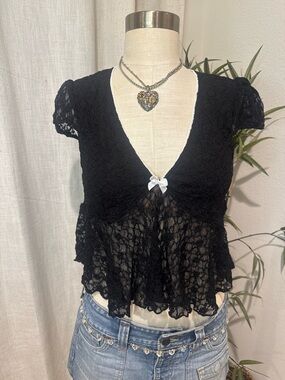 Black Lace Peplum V-Neck Top with Bow